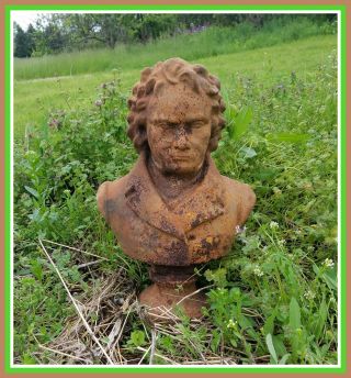 LARGE BEETHOVEN BUST Vintage Unearthed Cast Iron Garden Ornament Statue 5