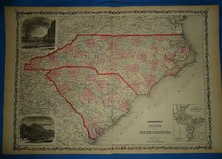 Vintage 1862 North South Carolina Map Old Antique Johnson 