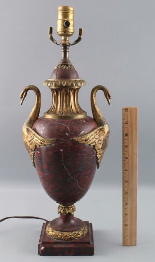 Antique 19thc Red Marble Urn,  Gold Gilt Bronze Swans,  20thc Lamp Convertion