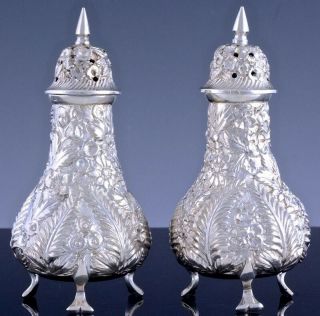 Exquisite Pair C1900 Baltimore Sterling Silver Fern Repousse Salt Pepper Shakers