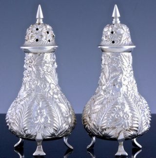 EXQUISITE PAIR c1900 BALTIMORE STERLING SILVER FERN REPOUSSE SALT PEPPER SHAKERS 2