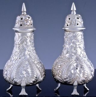 EXQUISITE PAIR c1900 BALTIMORE STERLING SILVER FERN REPOUSSE SALT PEPPER SHAKERS 3
