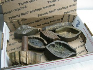 THREE BRONZE LEAF MOLDS,  MILLINERY FLOWER IRONS,  AFT.  TOOL AND ? 12
