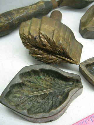 THREE BRONZE LEAF MOLDS,  MILLINERY FLOWER IRONS,  AFT.  TOOL AND ? 2