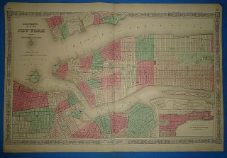 Vintage 1864 York City Map Old Antique Johnson 