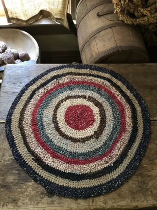 BEST Large Old Antique Handmade Round Table Rug Mat Red Blue Country Colors AAFA 10