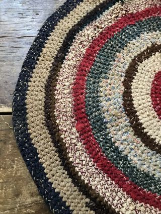 BEST Large Old Antique Handmade Round Table Rug Mat Red Blue Country Colors AAFA 11