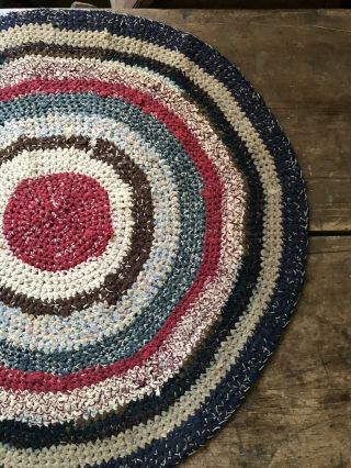 BEST Large Old Antique Handmade Round Table Rug Mat Red Blue Country Colors AAFA 12