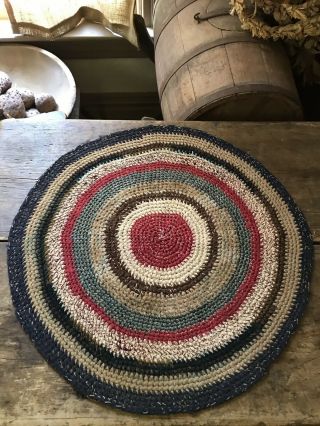 Best Large Old Antique Handmade Round Table Rug Mat Red Blue Country Colors Aafa