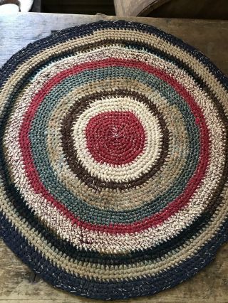 BEST Large Old Antique Handmade Round Table Rug Mat Red Blue Country Colors AAFA 2