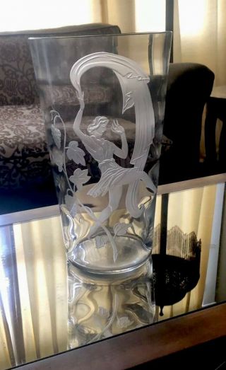 Large Art Deco Etched Glass Vase With Female Nude Figure