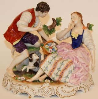 Large Dresden Porcelain Figurine Courting Couple With Dog And Tree