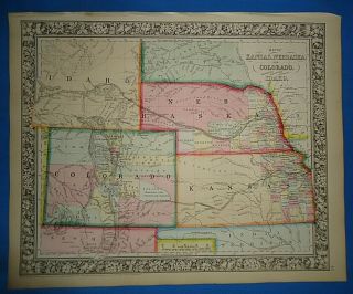 Vintage 1863 Colorado Nebraska Territories Map Old Antique Atlas Map