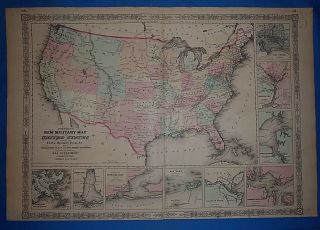 Vintage 1863 United States W/ Western Territories Map Old Antique Map