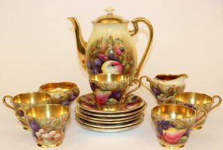 Ansley Orchard Fruit Coffee Pot W/cups & Saucers Creamer & Sugar Artist Signed