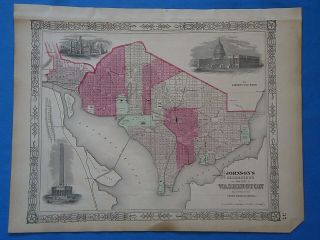 Vintage 1864 Washington Dc Map Old Antique Johnson Atlas Map 20119