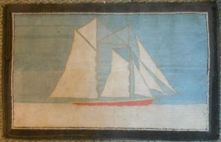 Great Antique Grenfell Mission Hooked Rug With Sailing Sloop Boat