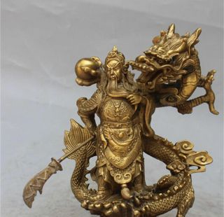 Chinese Fengshui Bronze Guan Gong Yu Warrior God Sword Stand on Dragon Statue 2