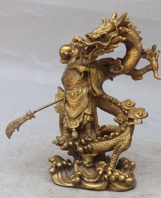 Chinese Fengshui Bronze Guan Gong Yu Warrior God Sword Stand on Dragon Statue 3