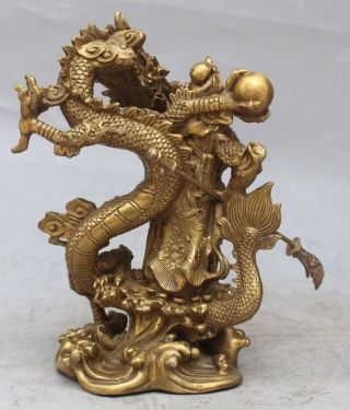 Chinese Fengshui Bronze Guan Gong Yu Warrior God Sword Stand on Dragon Statue 4