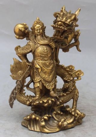 Chinese Fengshui Bronze Guan Gong Yu Warrior God Sword Stand on Dragon Statue 5