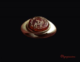Ancient Roman Silver Ring Cupid On Goat On Red Stone