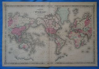 Vintage 1864 World Map Old Antique Johnson Atlas 20119