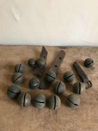 15 Old Antique Large Brass Sleigh Bells Leather Strap Fragments Patina Aafa