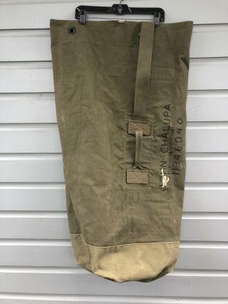 Vintage 1951 Korean War U.  S.  Military Green Canvas Duffel Bag Marine Sea Bag