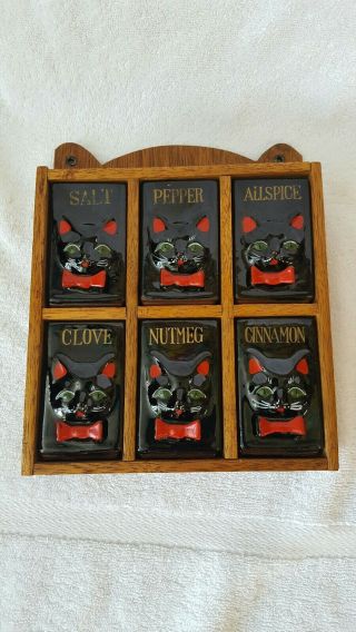 Vtg Mid Century Modern Shafford Black Cat Spice Rack Set Salt Pepper, 2