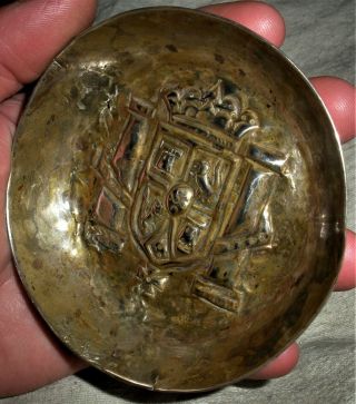 Antique 1500 - 1600s Solid Coin Silver Spanish Colonial Bowl Repousse Crest Vafo