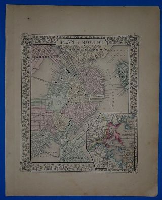 Vintage 1868 Boston,  Massachusetts Atlas Map Old Antique 10119