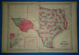 Vintage 1869 Texas Map Old Antique Johnson 