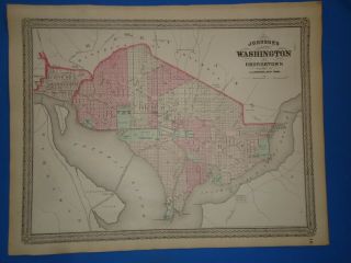 Vintage 1873 Washington Dc - Georgetown Map Old Antique Johnson 