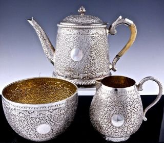 Antique Indian Sterling Silver Fish Figural Teapot Cream & Sugar Set N/r