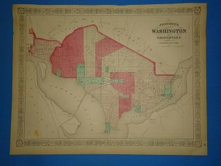 Vintage 1869 Washington Dc Map Old Antique Johnson 