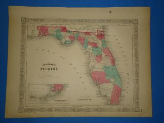 Vintage 1869 Florida Map Old Antique Johnson 