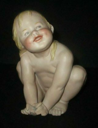 Antique Gebruder Heubach Piano Baby Long Hair Crouching Girl Bisque Porcelain