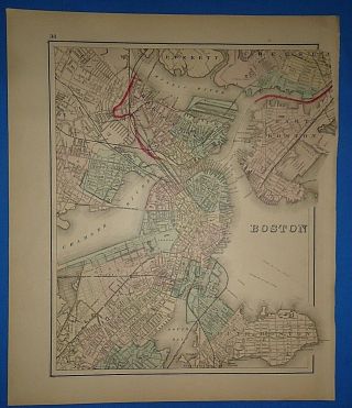 Vintage 1876 Boston,  Massachusetts Map Old Antique Ow Gray Atlas Map