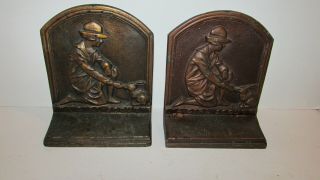 Girl Scout Rabbit Camp Bookends 1920 - 1940 Rare Cast Iron Bronze Finish