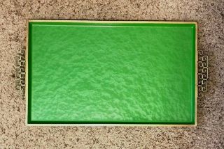 Vintage Moire Glaze Kyes Hand Made Metal Enamel Green Cocktail Tray Gold Trim