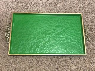 Vintage Moire Glaze Kyes Hand Made Metal Enamel Green Cocktail Tray Gold Trim 2