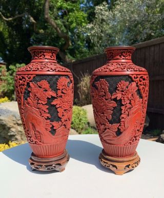 Attractive Antique Chinese Carved Cinnabar Lacquer Vases & Stands