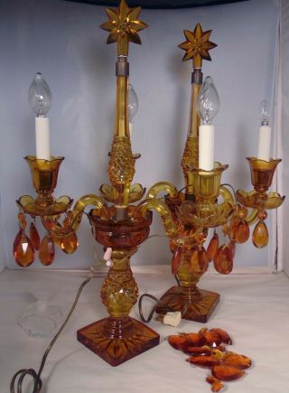 Pr Amber Art Deco Czech Cut Glass Crystal Candelabra Mantel Candle Holders