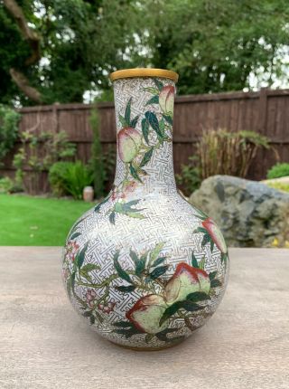 RARE ANTIQUE CHINESE GILDED CLOISONNE VASE WITH A PEACH TREE 2
