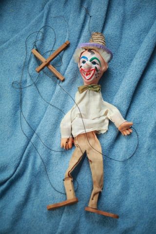 Vintage Antique Creepy Clown Puppet Hand Made Painted Papier Mache Wood Cloth