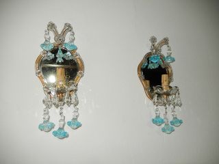 C 1920 French Aqua Blue Ribbon Murano Drops Mirrors Sconces Vintage
