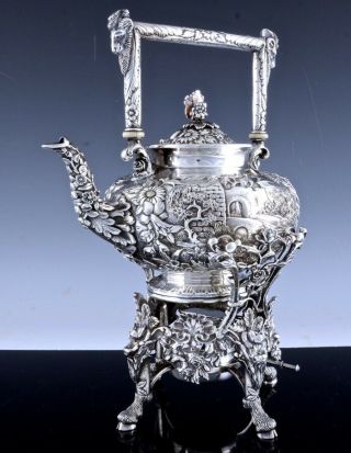 Ex.  Rare C1890 S Kirk & Son Fern Castle Repousse Sterling Silver Kettle Teapot