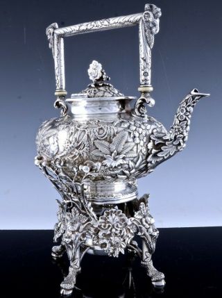 EX.  RARE c1890 S KIRK & SON FERN CASTLE REPOUSSE STERLING SILVER KETTLE TEAPOT 2