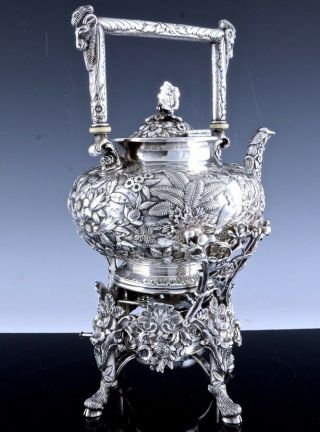 EX.  RARE c1890 S KIRK & SON FERN CASTLE REPOUSSE STERLING SILVER KETTLE TEAPOT 3